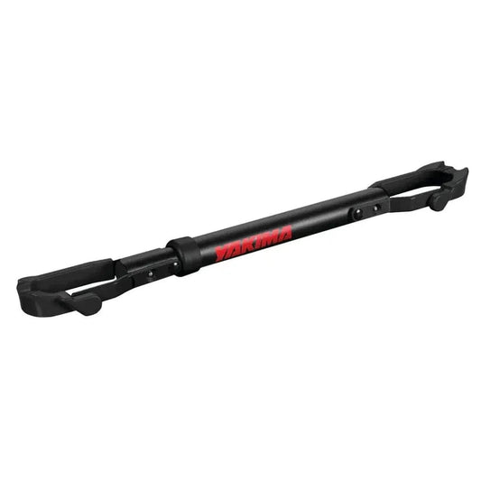 A black Yakima Tube Top bike rack with red branding, shown from a side angle against a white background.
