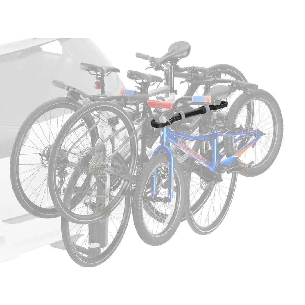 A front view of the Yakima Tube Top bike car rack holding three bikes, including a blue one, against a white background.