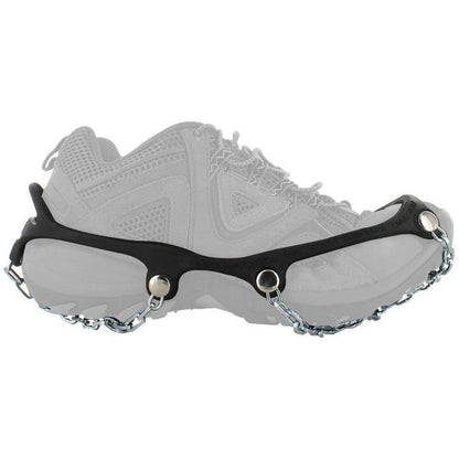 Side view of the YakTrax Chains Black traction aid on a shoe against a white background.