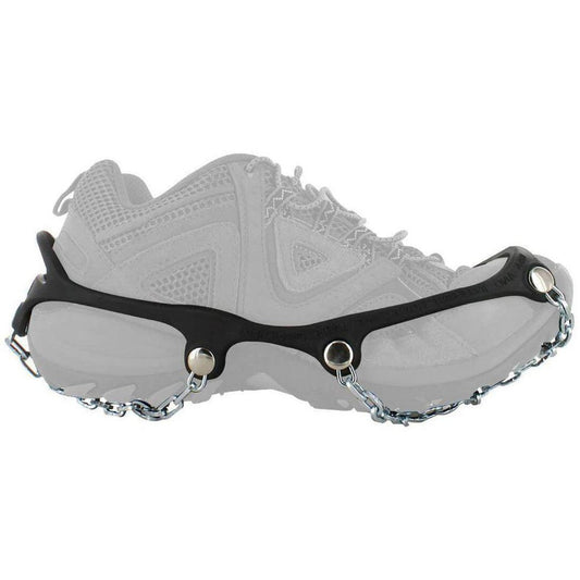 Side view of the YakTrax Chains Black traction aid on a shoe against a white background.