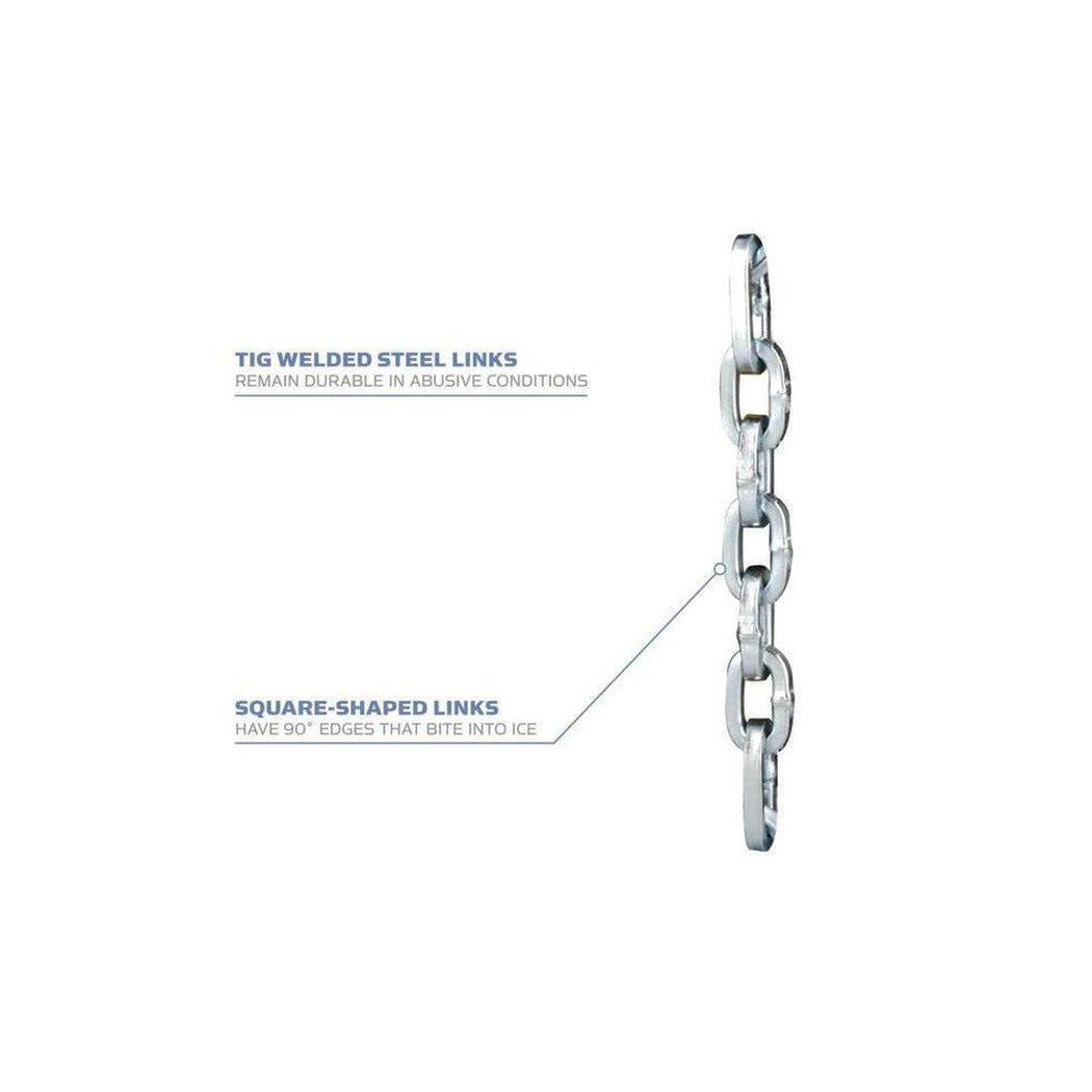 Side view of the YakTrax Chains showing square-shaped links and TIG welded steel links against a white background.