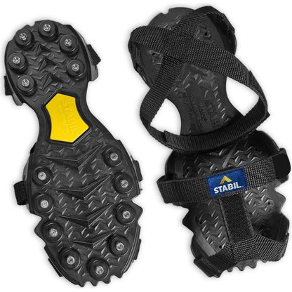 A top-down view of the black and yellow YakTrax STABIL Max Cleat with straps and metal cleats visible.